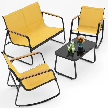 Juego de muebles de patio modernos de 4 piezas, resistente conjunto para zona de conversación: resistente a la intemperie, estable y con reposabrazos de madera; incluye 2 mecedoras y mesa de centro para patio o balcón.