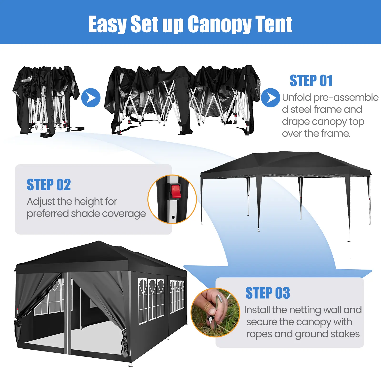 Carpa Gazebo Plegable Resistente de 10 x 20 Pies, Tela Oxford 420D Impermeable y con Protección UV, Techo Triangular, Estructura Ajustable en 3 Niveles, 6 Paredes Laterales, Mosquiteros y Accesorios de Acero Reforzado, Ideal para Bodas y Camping.