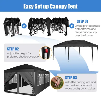 Carpa Gazebo Plegable Resistente de 10 x 20 Pies, Tela Oxford 420D Impermeable y con Protección UV, Techo Triangular, Estructura Ajustable en 3 Niveles, 6 Paredes Laterales, Mosquiteros y Accesorios de Acero Reforzado, Ideal para Bodas y Camping.