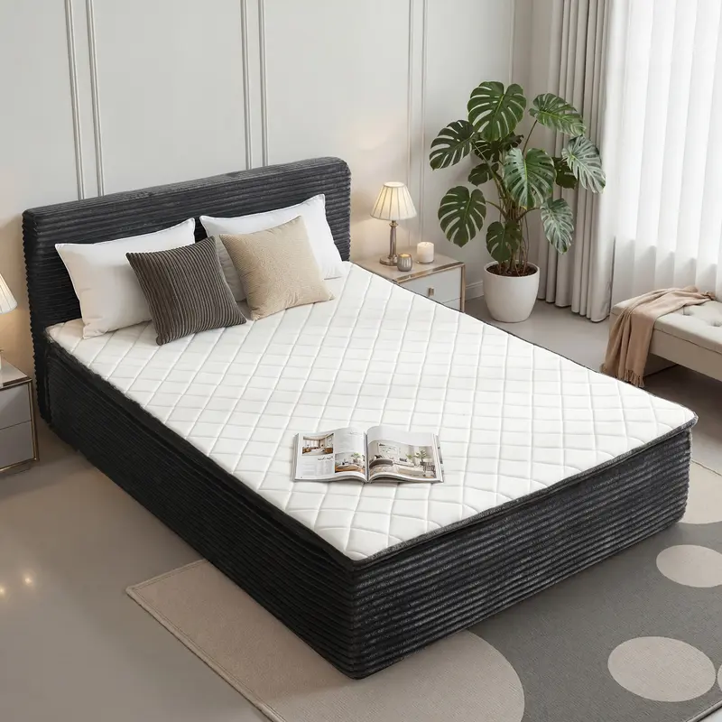 Cama moderna sin huesos todo en uno, cama a ras de suelo con pana suave y mullida para un sueño profundo, espuma viscoelástica de firmeza media para aliviar el dolor de espalda, colchón con aislamiento de movimiento en caja y sin necesidad de montaje.