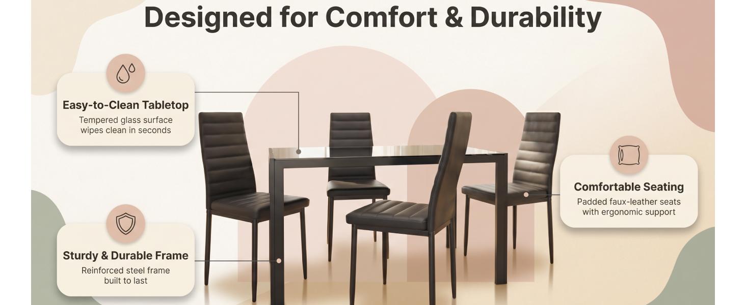 【2 Packages Shipping】Gizoon 5 Piece Glass Dining Table Set, Kitchen and Chairs for 4, PU Leather Modern Room Sets for Home, Kitchen, Living Room Furniture Apartment Furniture,dorm essentials,home decor