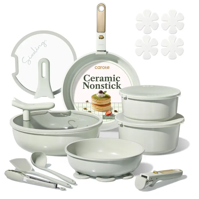 Juego de batería de cocina de cerámica de 20 piezas con tapas de apoyo vertical y mango desmontable; set de ollas y sartenes antiadherentes, no tóxicas y libres de PFAS; utensilios de cocina.