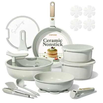 Juego de batería de cocina de cerámica de 20 piezas con tapas de apoyo vertical y mango desmontable; set de ollas y sartenes antiadherentes, no tóxicas y libres de PFAS; utensilios de cocina.
