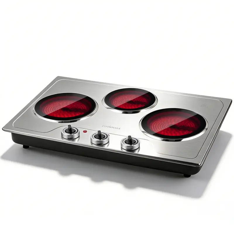 Parrilla eléctrica infrarroja de 3 quemadores y 1800 W, con superficie de vidrio cerámico, 11 niveles de temperatura y apagado automático.