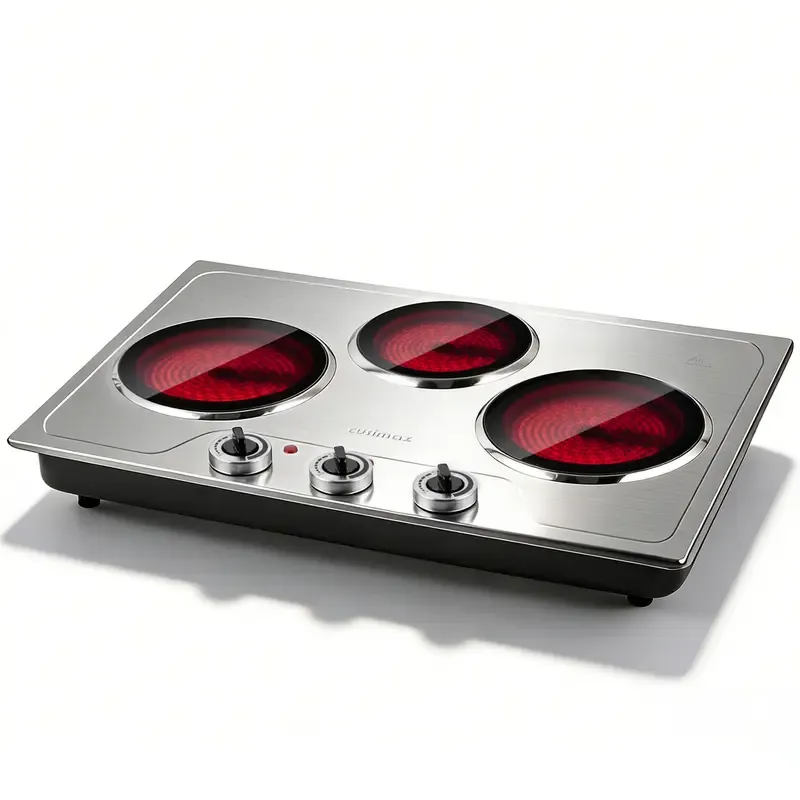 Parrilla eléctrica infrarroja de 3 quemadores y 1800 W, con superficie de vidrio cerámico, 11 niveles de temperatura y apagado automático.