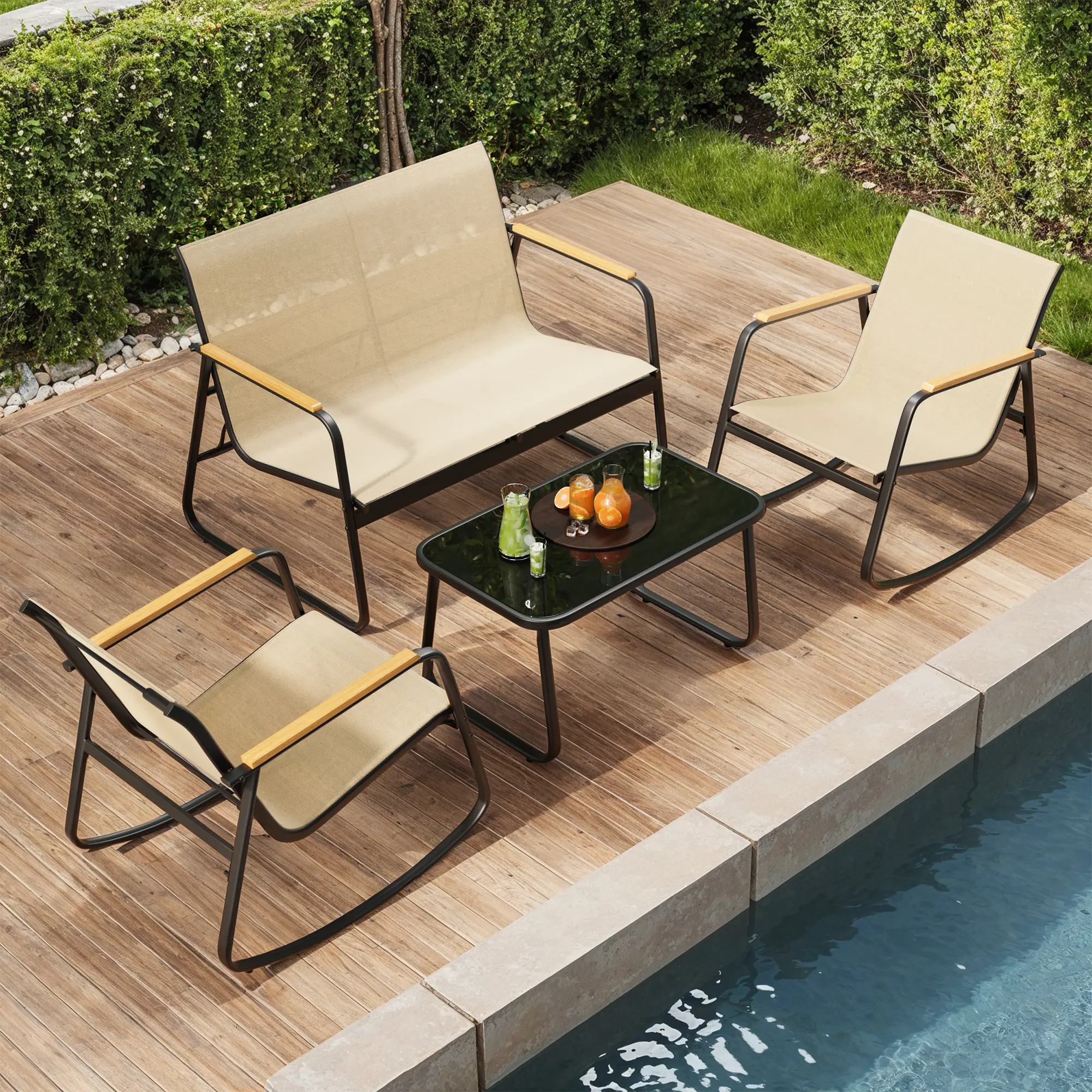 Juego de muebles de patio modernos de 4 piezas, resistente conjunto para zona de conversación: resistente a la intemperie, estable y con reposabrazos de madera; incluye 2 mecedoras y mesa de centro para patio o balcón.