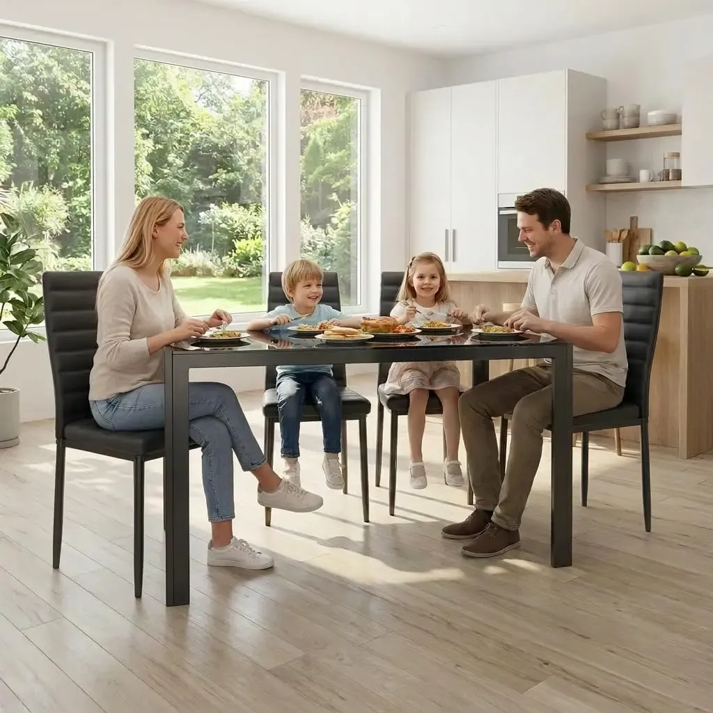 Juego de comedor de 5 piezas con mesa de vidrio y sillas para 4 personas, diseño moderno con cuero PU, ideal para cocina, sala de estar, apartamentos y decoración del hogar.