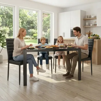 Juego de comedor de 5 piezas con mesa de vidrio y sillas para 4 personas, diseño moderno con cuero PU, ideal para cocina, sala de estar, apartamentos y decoración del hogar.