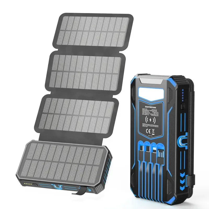 Batería Externa Solar de 48.000 mAh, Cargador Portátil Inalámbrico con 4 Cables Integrados y 7 Salidas, Carga Rápida de 15 W con USB-C y Linterna, Compatible con Todos los Dispositivos Móviles.