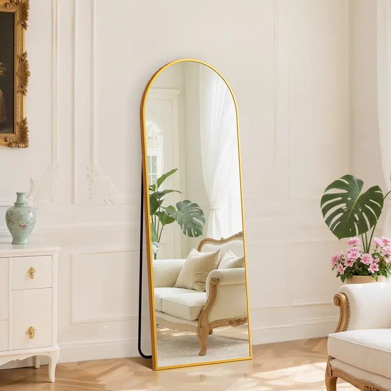 Espejo de cuerpo entero con soporte y marco de aluminio para dormitorio y sala de estar