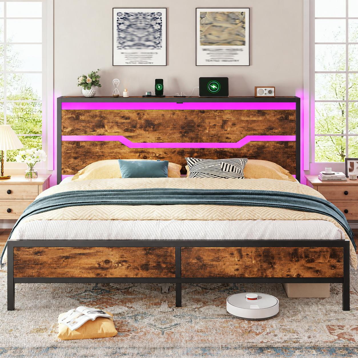 Raybee LED Bed Frame for Queen King Full with Headboard & Storage Shelf, No Mattress, Modern Industrial Wood Platform Bed Frame with Built-In Charging Station, No Noise, Capacity 900LBS with Metal Slats for Bedroom, First Apartment, Teens, Dorms