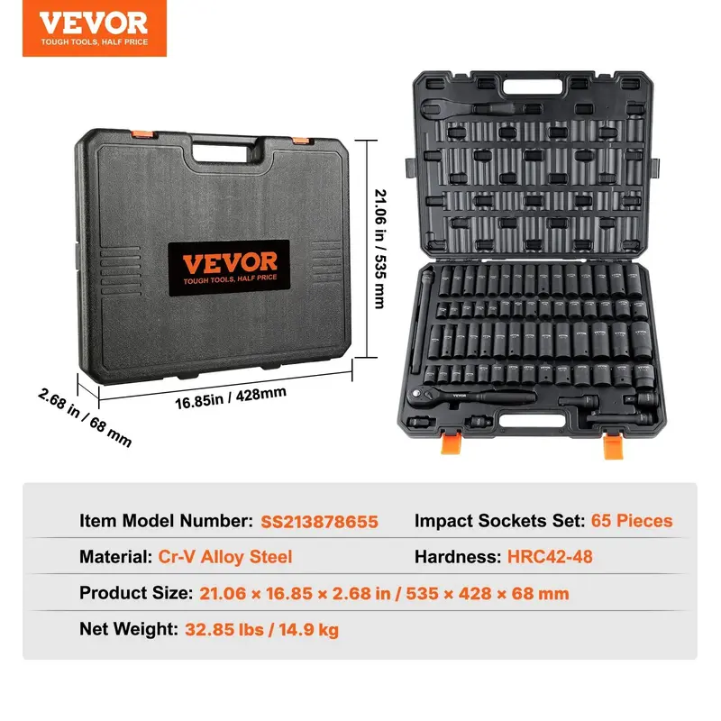 **Juego de Vasos de Impacto de 1/2" de 65 Piezas con Acero Cr-V, Vasos SAE y Métricos de 6 Puntas, Estuche de Almacenamiento para Reparación de Autos.**