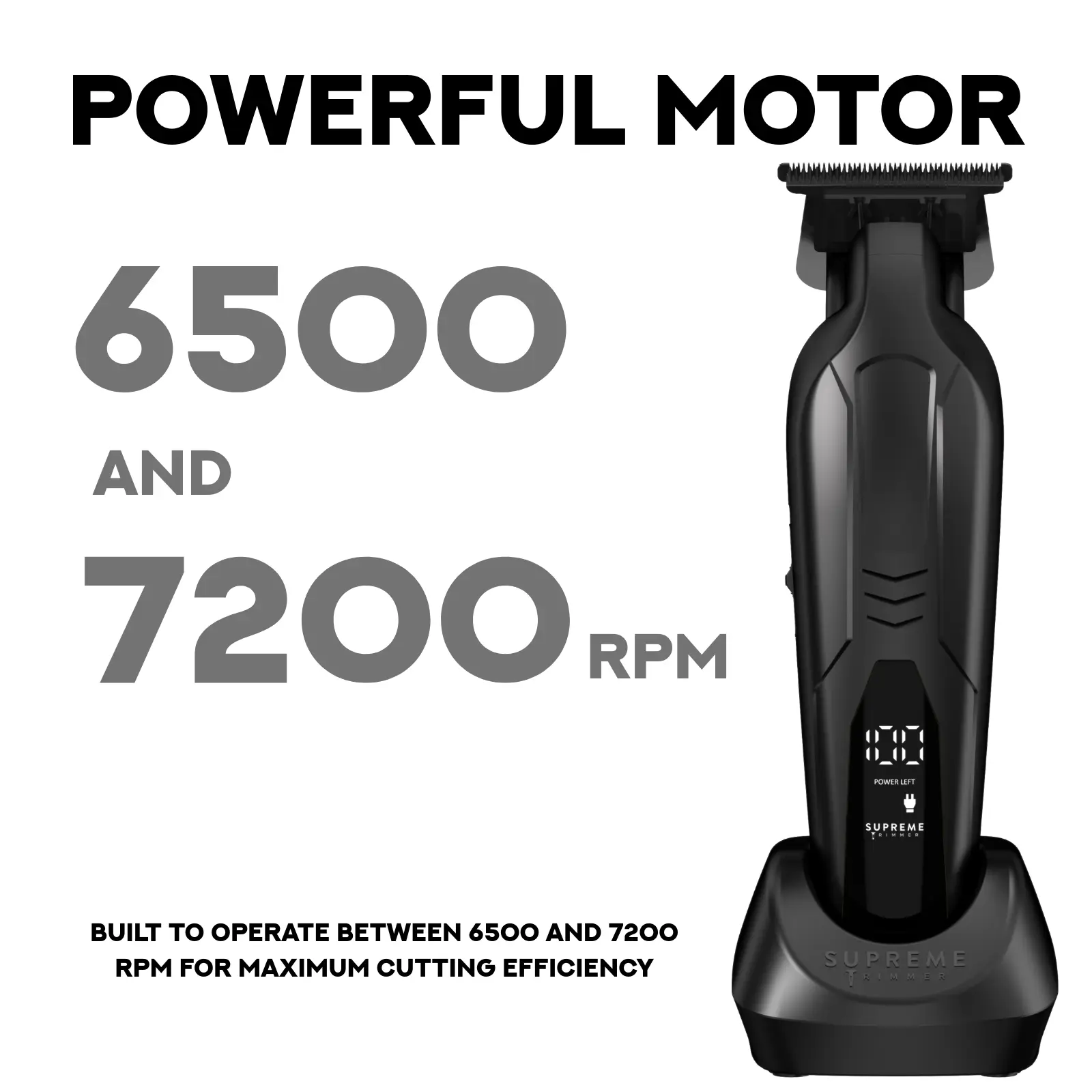 Supreme Trimmer VADER Lite: Cortapelos tipo T-Liner con 6 peines guía, carga USB-C, batería de larga duración, motor de 6,5 W y 7000 RPM para cortes precisos; diseño ergonómico para uso prolongado, inalámbrico y fabricado en acero.