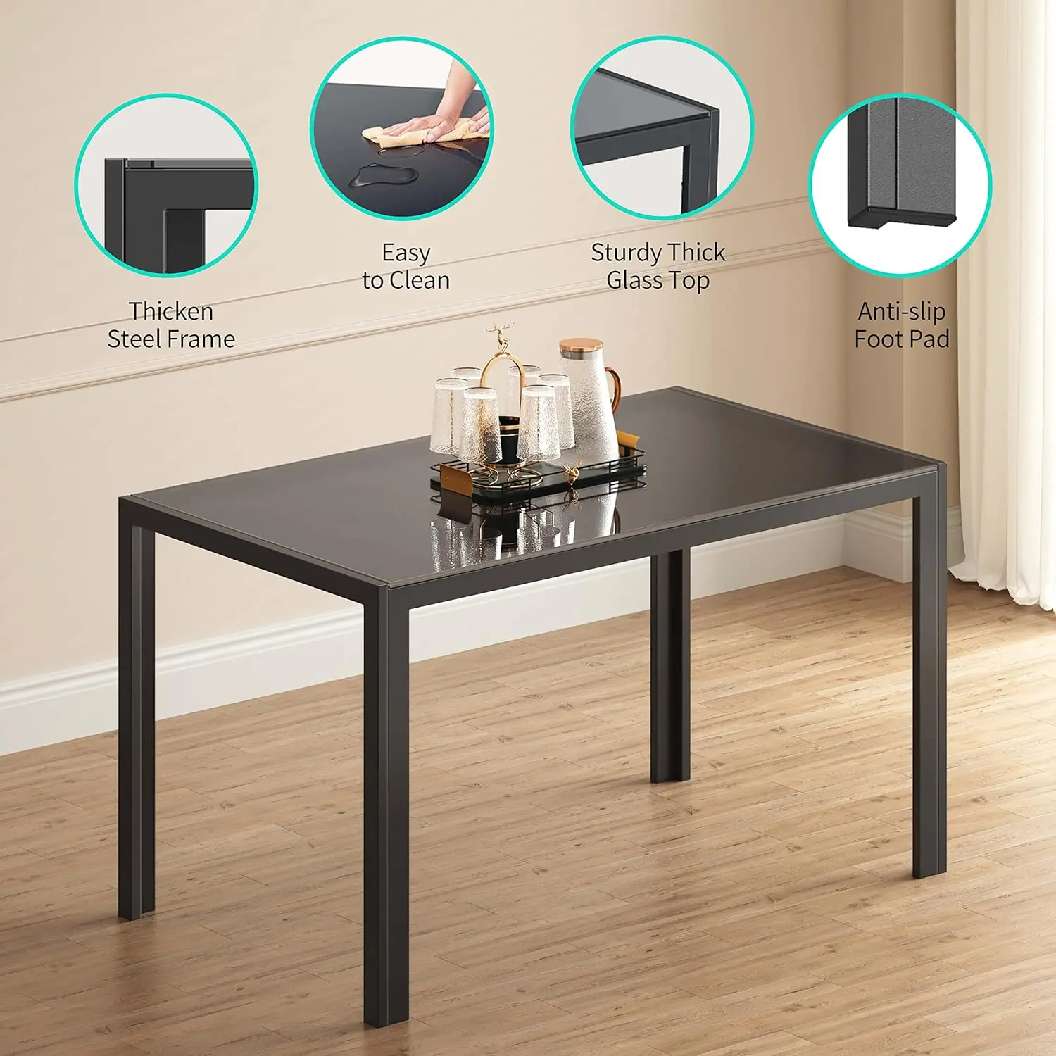 Juego de comedor de 5 piezas con mesa de vidrio y sillas para 4 personas, diseño moderno con cuero PU, ideal para cocina, sala de estar, apartamentos y decoración del hogar.