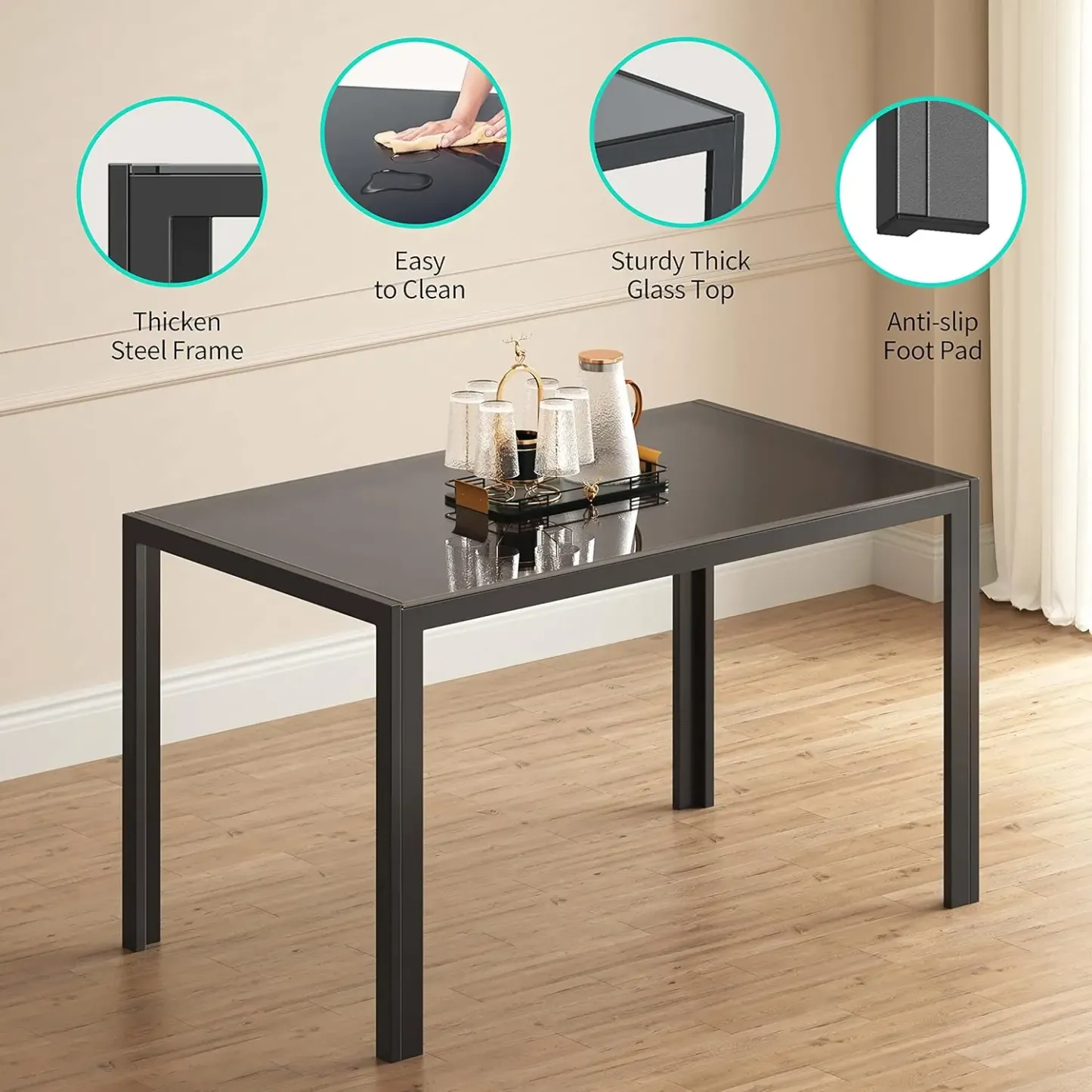 Juego de comedor de 5 piezas con mesa de vidrio y sillas para 4 personas, diseño moderno con cuero PU, ideal para cocina, sala de estar, apartamentos y decoración del hogar.