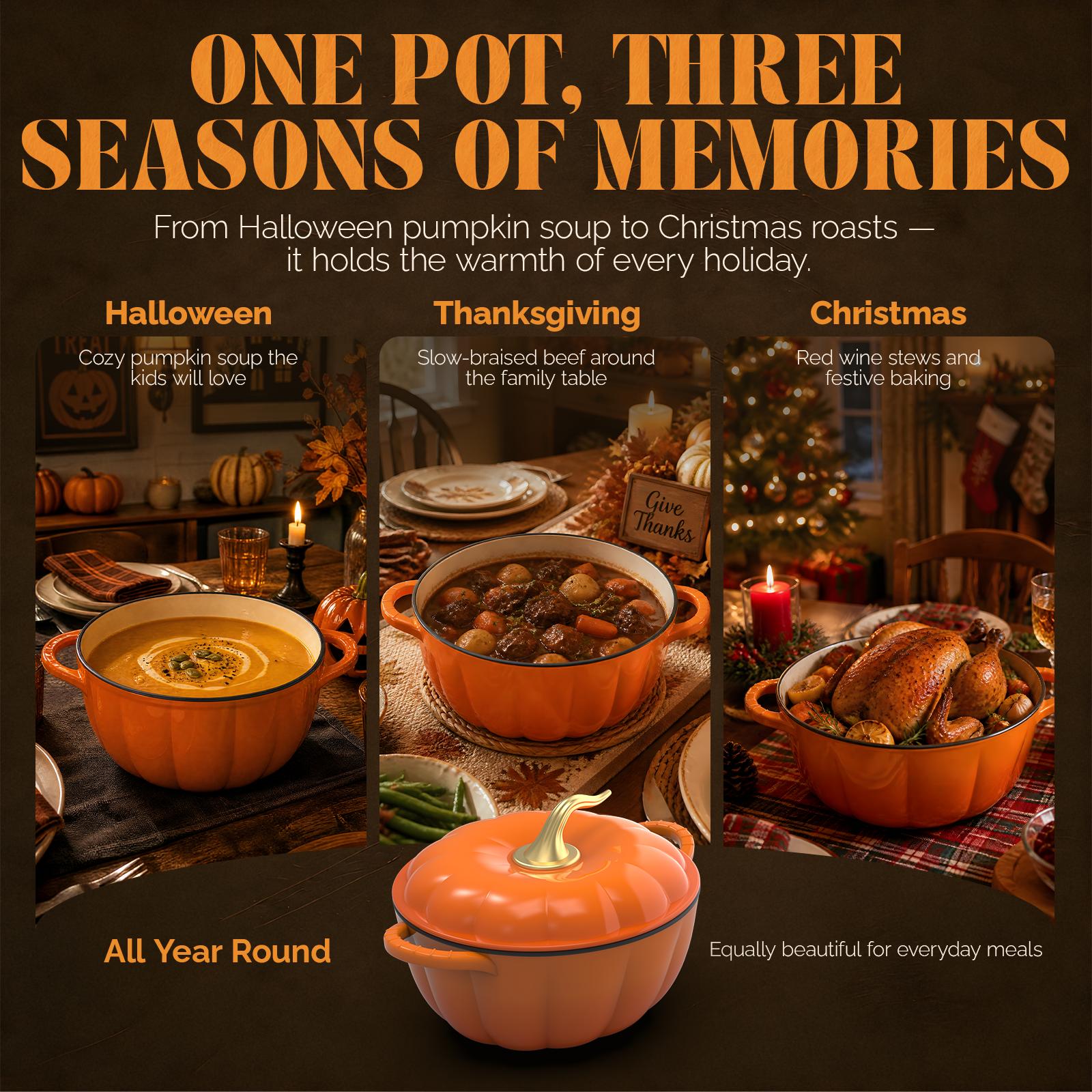 ROVSUN Pumpkin Dutch Oven Pot with Lid &ndash; Enameled Cast Iron Pumpkin Shaped Pot with Gold Stem Knob, Matching Halloween Trivet & Oven Mitts, Fall Cookware for Soup, Stew & Braising, Orange, 5QT/7.5QT