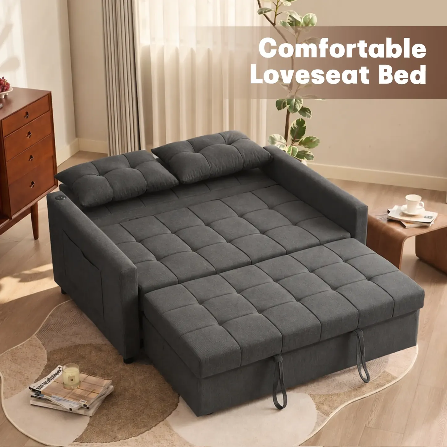 Sofá cama de 52" con cama extraíble, sofá, sofá cama convertible 3 en 1, sofá de dos plazas con respaldo ajustable sin escalones y bolsillo lateral, para sala de estar, dormitorio, apartamento, cama de día, sofás para sala