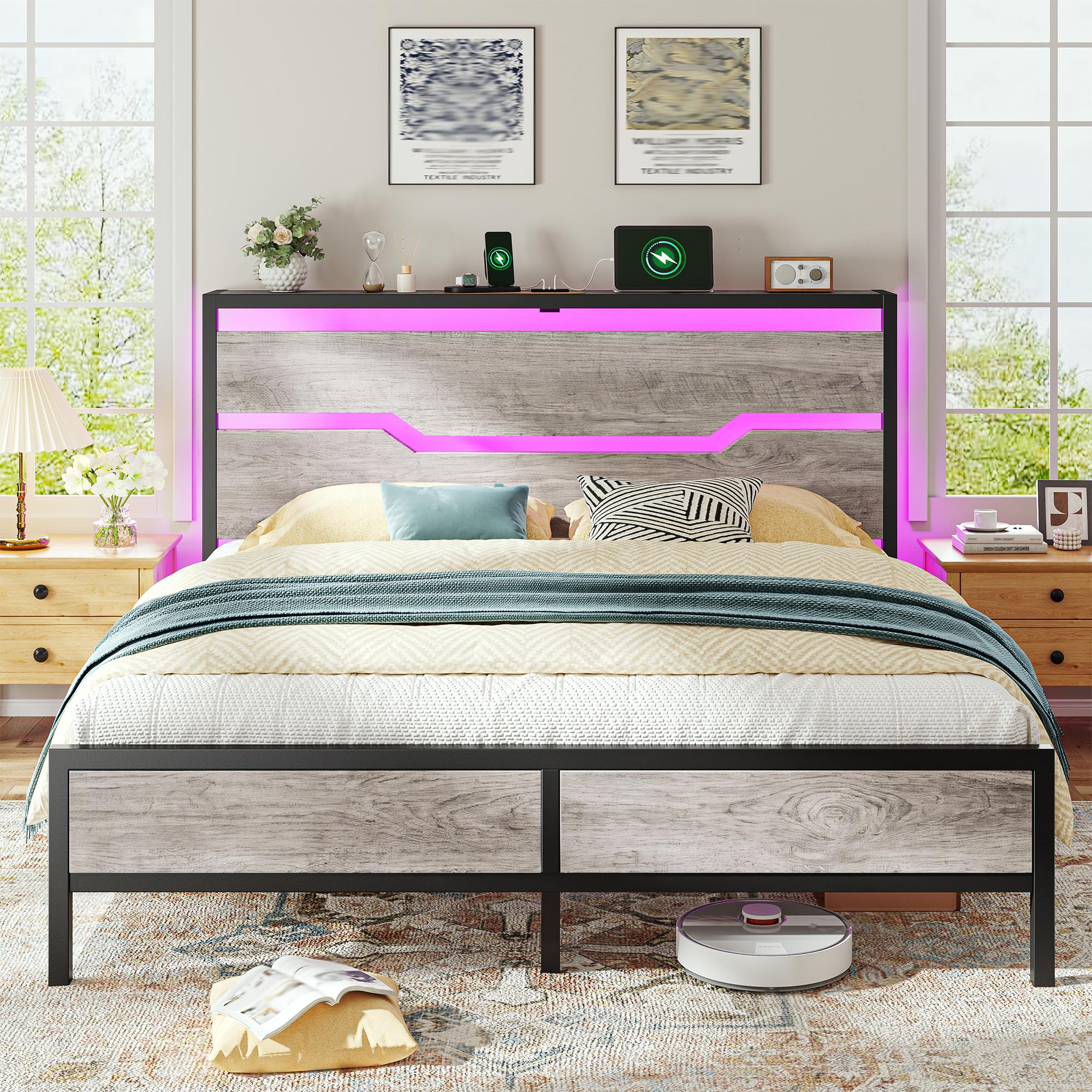 Raybee LED Bed Frame for Queen King Full with Headboard & Storage Shelf, No Mattress, Modern Industrial Wood Platform Bed Frame with Built-In Charging Station, No Noise, Capacity 900LBS with Metal Slats for Bedroom, First Apartment, Teens, Dorms