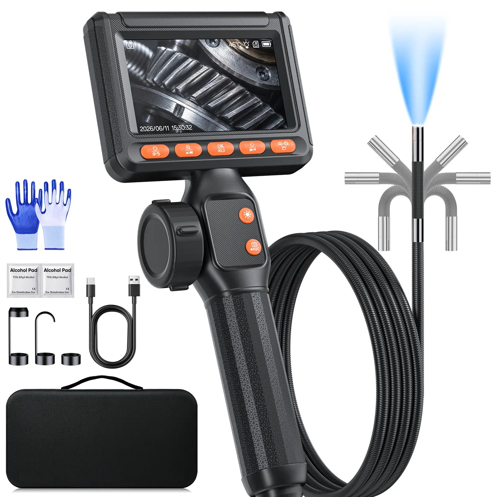 Endoscopio bidireccional con cámara (0,33"/0,23"/0,15") y luz; boroscopio flexible, impermeable y giratorio; cámara articulada tipo serpiente para inspección de automóviles, mecánica, paredes, vehículos, desagües y proyectos de mejoras del hogar.