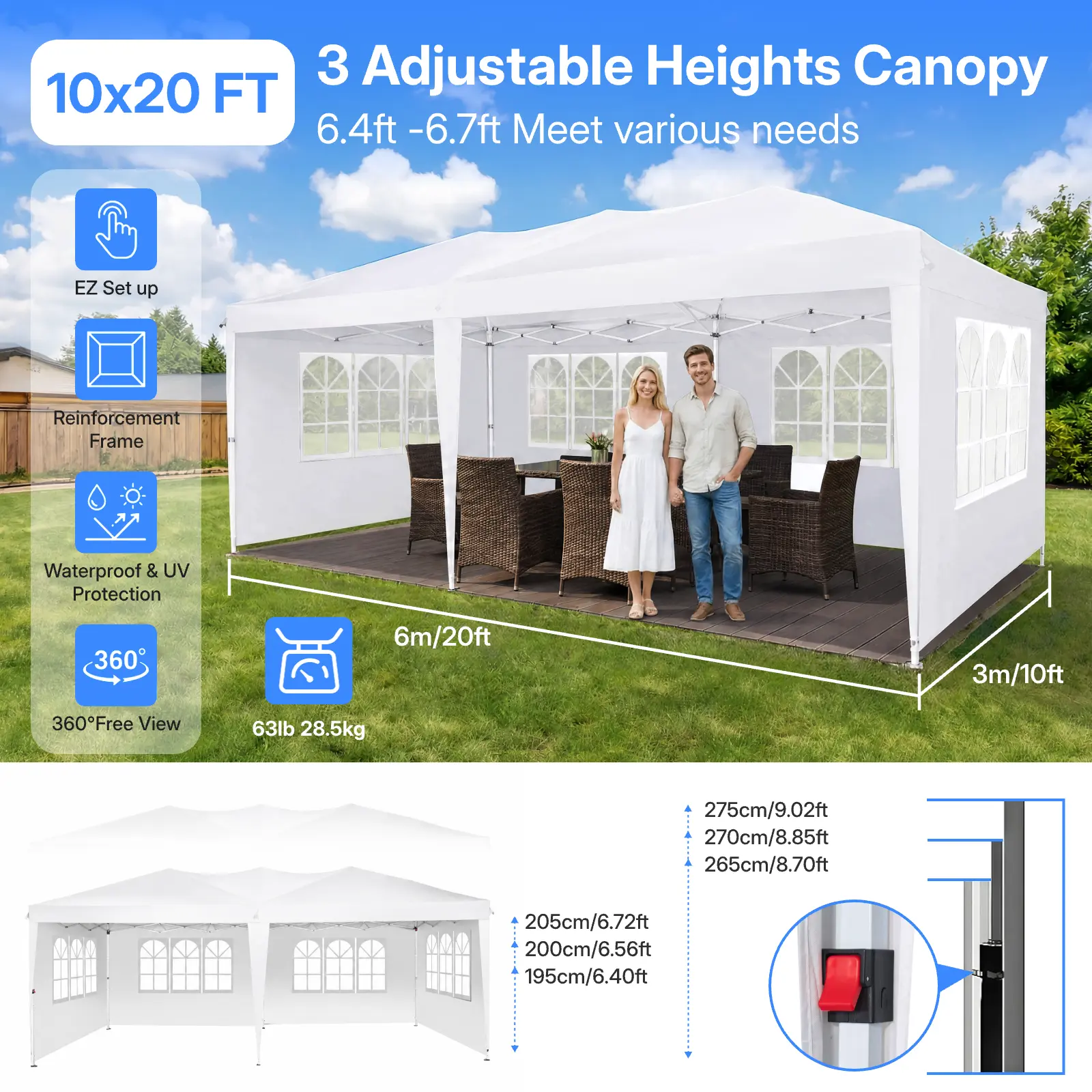 Carpa Gazebo Plegable Resistente de 10 x 20 Pies, Tela Oxford 420D Impermeable y con Protección UV, Techo Triangular, Estructura Ajustable en 3 Niveles, 6 Paredes Laterales, Mosquiteros y Accesorios de Acero Reforzado, Ideal para Bodas y Camping.