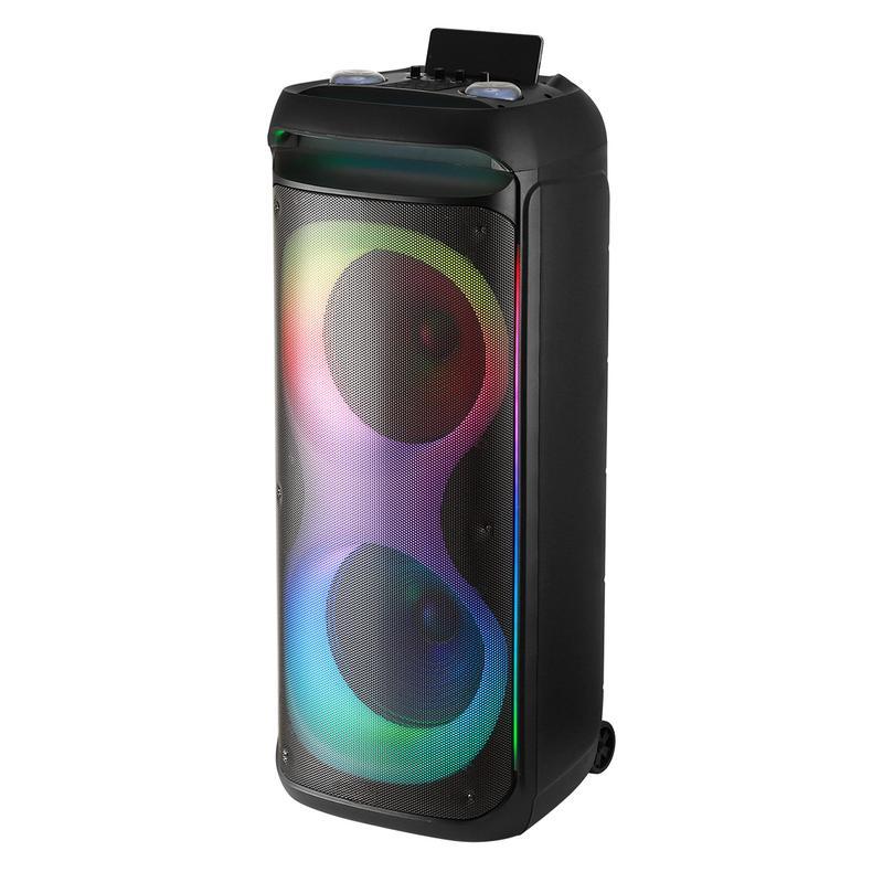 Altavoz PA Bluetooth Recargable — Doble Woofer de 12" + Tweeter de 1.5" — Caja de Sonido Portátil e Inalámbrica — Incluye 2 Micrófonos, Control Remoto y Luces LED para Fiestas
