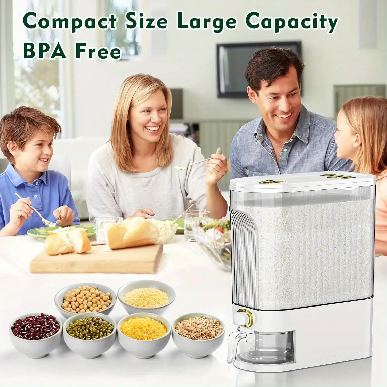 Dispensador de arroz con taza medidora y escala de tiempo - 11.02 lb/22.05 lb, a prueba de polvo, apilable, de plástico duradero, con múltiples compartimentos, apto para alimentos.