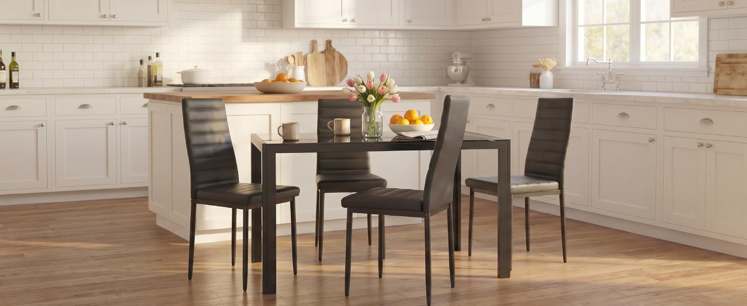 【2 Packages Shipping】Gizoon 5 Piece Glass Dining Table Set, Kitchen and Chairs for 4, PU Leather Modern Room Sets for Home, Kitchen, Living Room Furniture Apartment Furniture,dorm essentials,home decor
