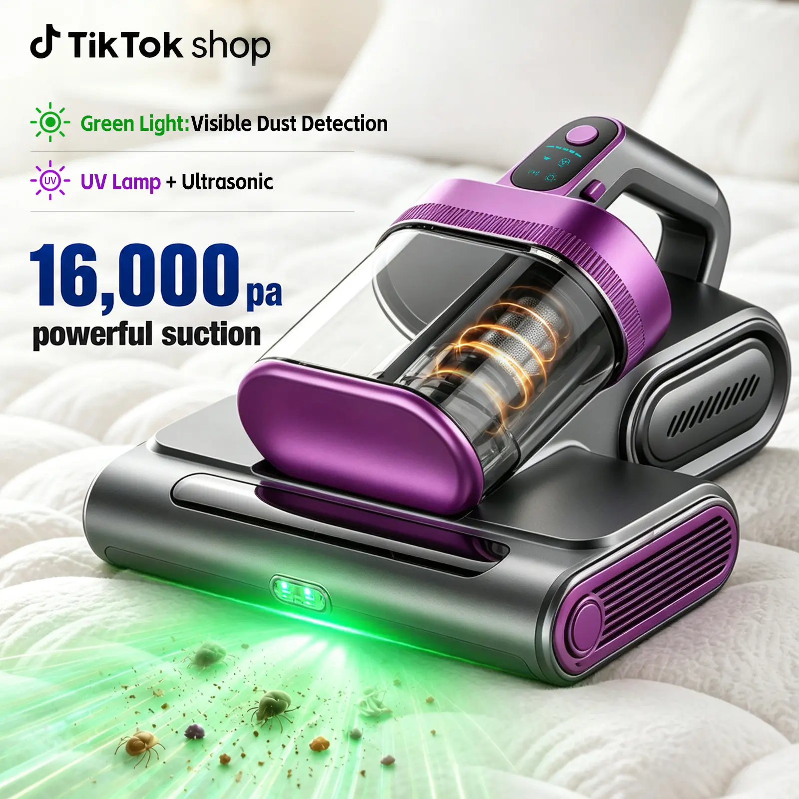 Aspiradora inalámbrica para colchones, aspiradora de limpieza profunda (16 kPa) con función de golpeteo a 80.000 RPM, luz UV-C y ultrasonidos, y depósito de polvo con doble filtro HEPA; ideal para sofás, cunas y pelo de mascotas (sohochic).