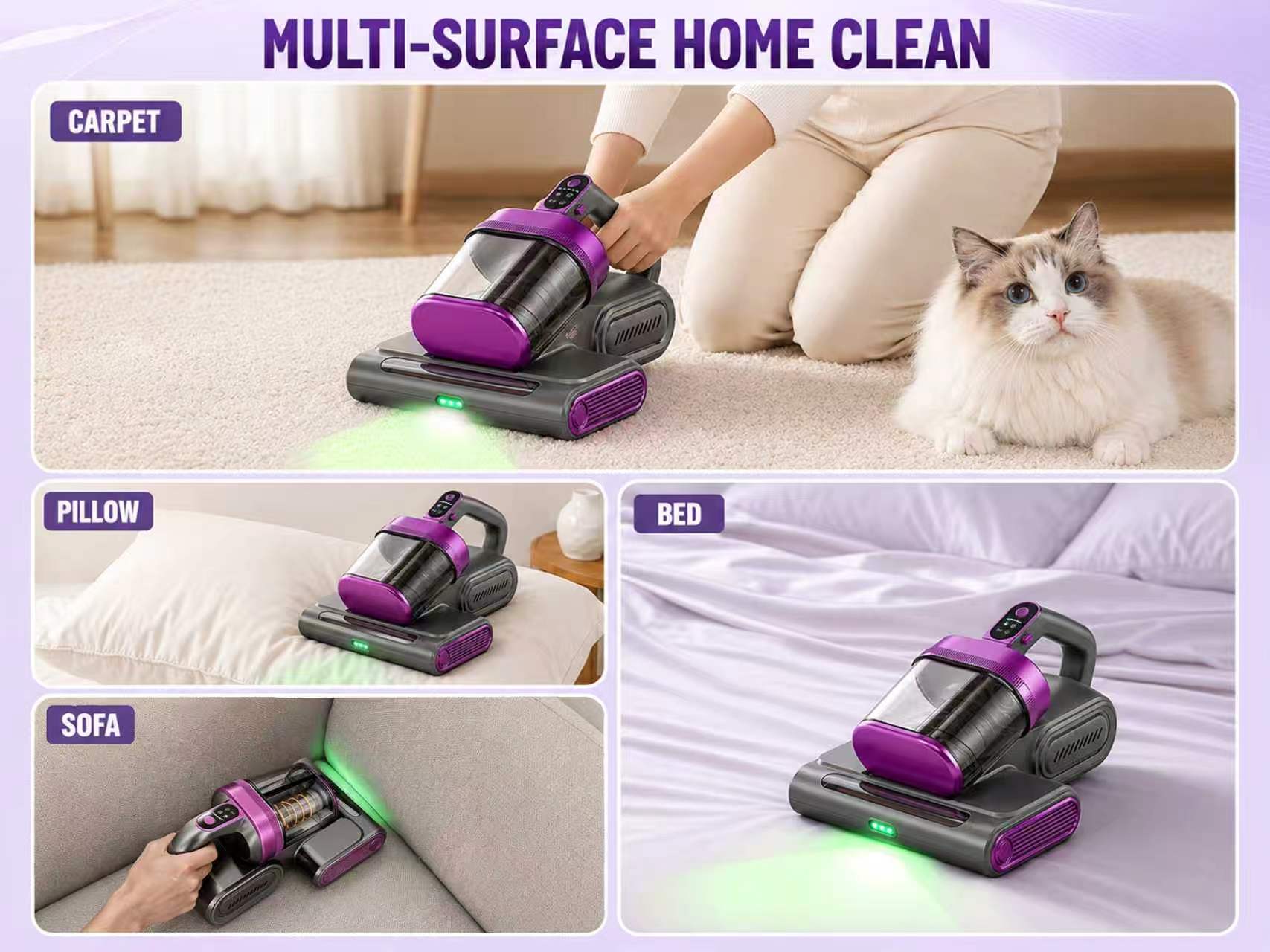 Cordless Mattress Vacuum Cleaner, 16Kpa Deep Clean Bed Vac with 80000 RPM Tapping, UV-C Light & Ultrasonic, Dual HEPA Dust Cup for Sofa, Crib and Pet Hair,sohochic