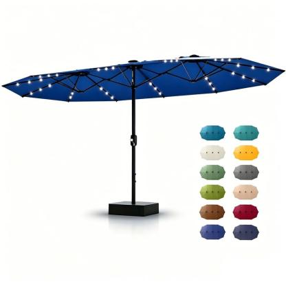 [SummerVibes] Sombrilla grande para exteriores Garvee de 15 pies (4,5 m) con base – Opción de luz LED, diseño de doble cara, manivela, resistente al agua; incluye base lastrada y saco de arena; capacidad para 10 personas; ideal para piscina, jardín, céspe