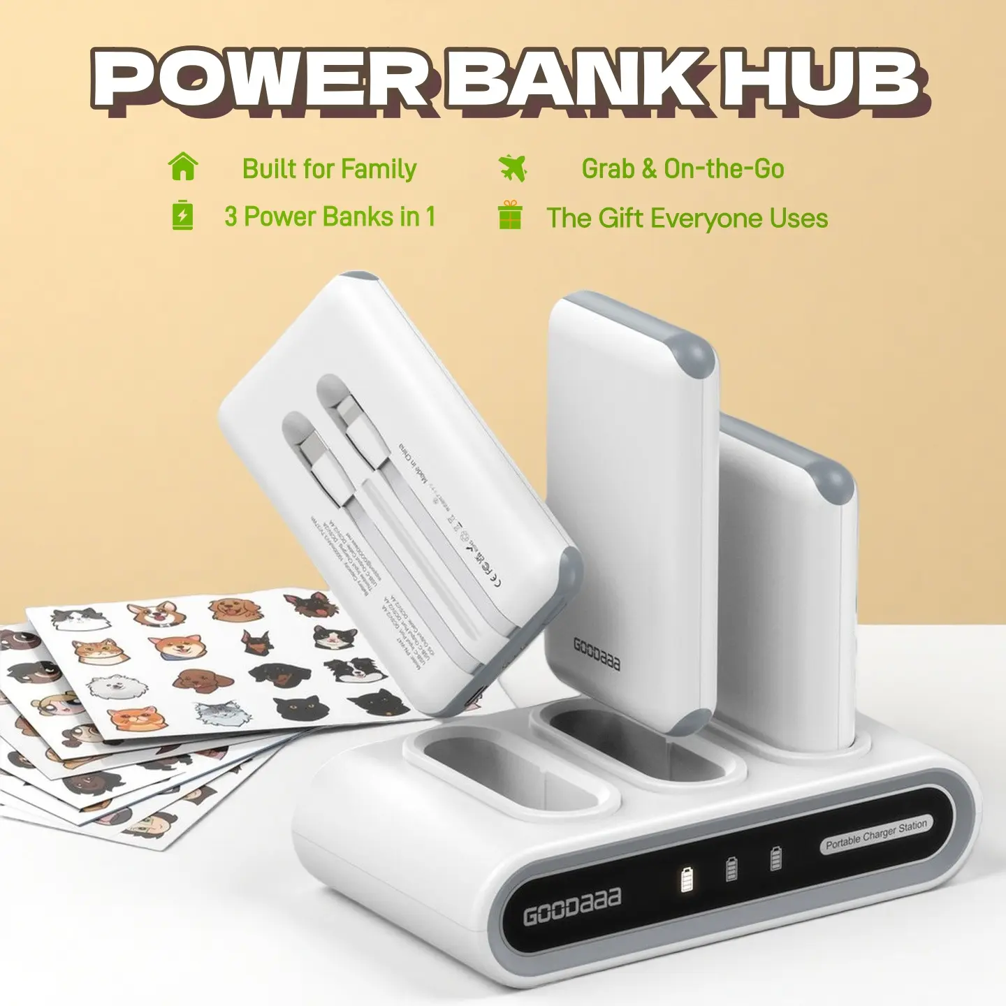 Paquete de 3 baterías externas de 10 000 mAh con base de carga, cables integrados, dispositivos tecnológicos innovadores y cargador portátil.