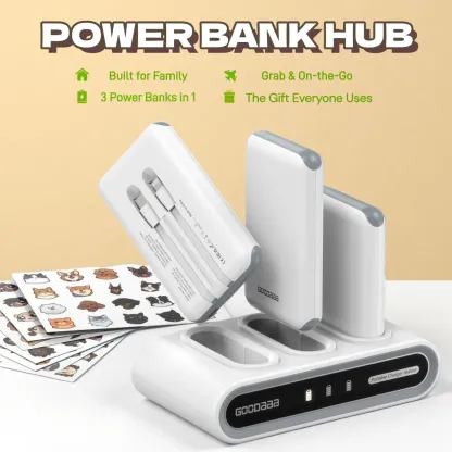 Paquete de 3 baterías externas de 10 000 mAh con base de carga, cables integrados, dispositivos tecnológicos innovadores y cargador portátil.