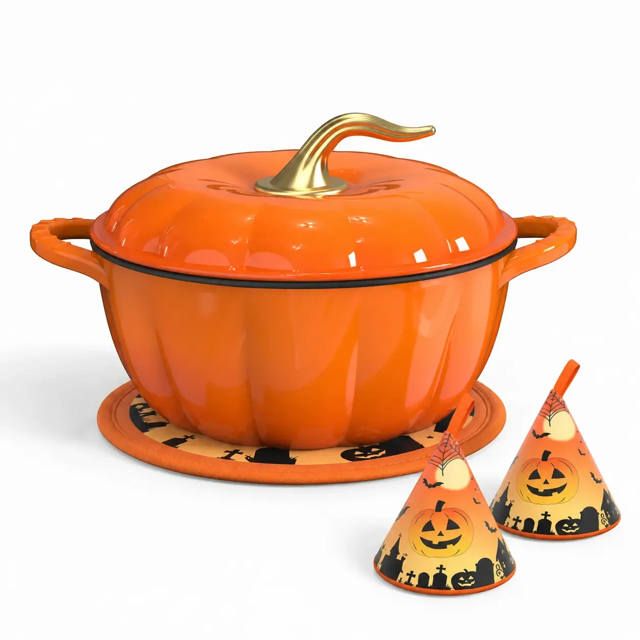 Olla Holandesa de Calabaza de Hierro Fundido Esmaltado con Tapa, Asa Dorada, Ideal para Sopas, Guisos y Estofados, Color Naranja, 5QT/7,5QT.