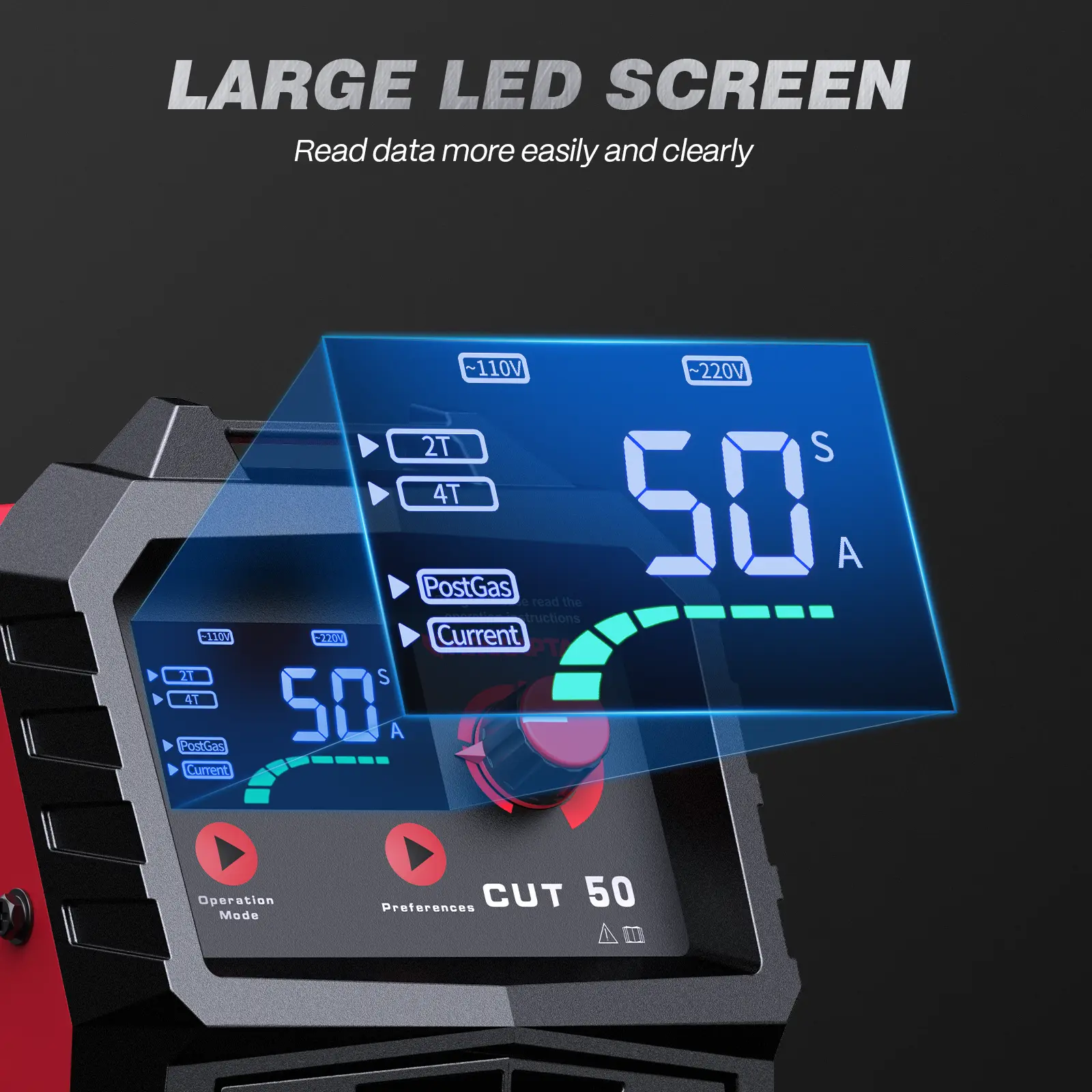 Cortadora de plasma CUT-50 de 50A con inversor IGBT, voltaje dual 110/220V, pantalla LED, corte limpio de metal y diseño portátil.