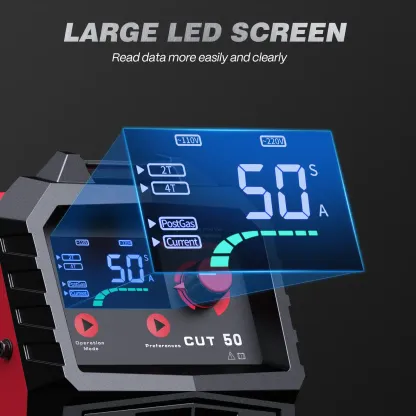 Cortadora de plasma CUT-50 de 50A con inversor IGBT, voltaje dual 110/220V, pantalla LED, corte limpio de metal y diseño portátil.