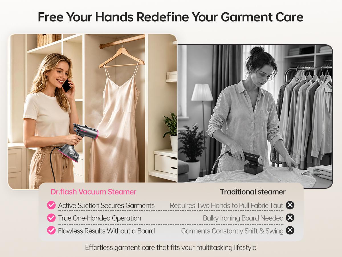 Dr.flash Vacuum Garment Steamer, 270ml Big Capacity, 1400W Handheld Clothes Steamer, Suction Steamer ＆ Iron 2 In 1, Portable Travel Iron for Clothes, Fabrics, Large Ceramic Heat Panel tiktokshopbacktoschool