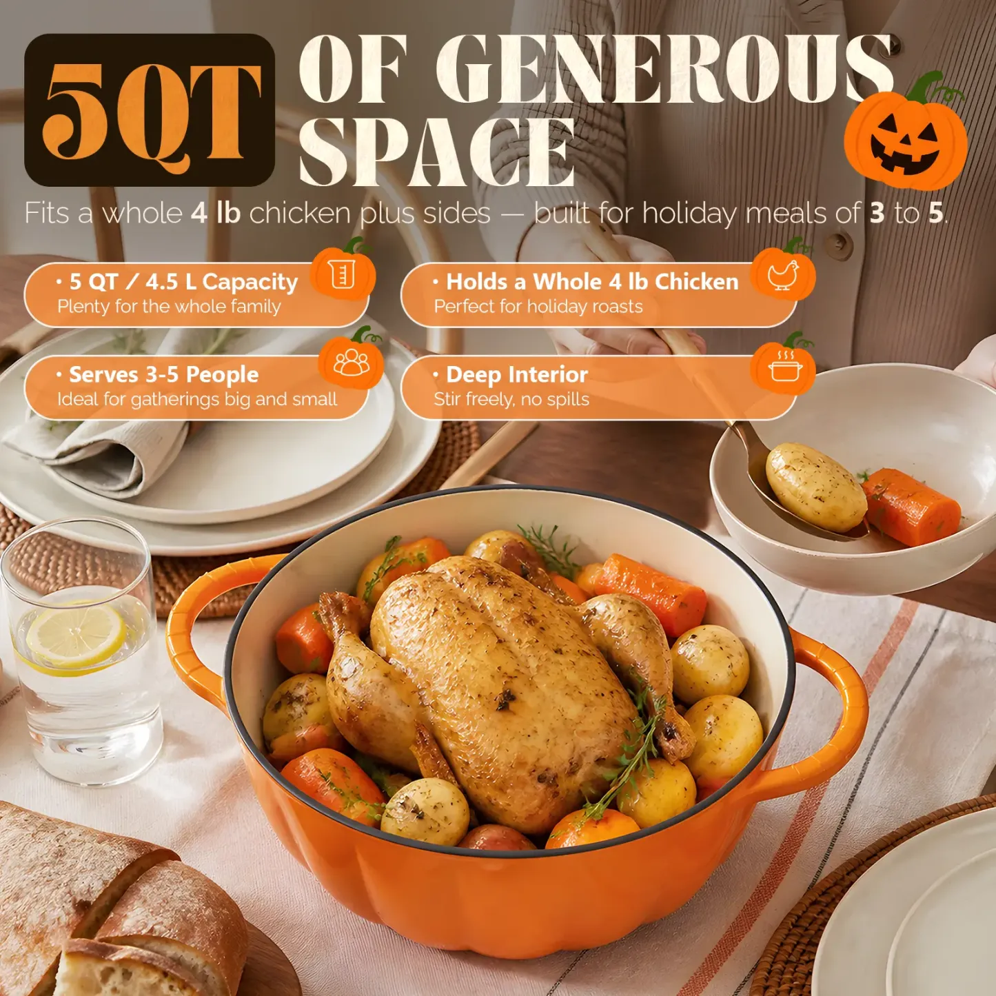 Olla Holandesa de Calabaza de Hierro Fundido Esmaltado con Tapa, Asa Dorada, Ideal para Sopas, Guisos y Estofados, Color Naranja, 5QT/7,5QT.