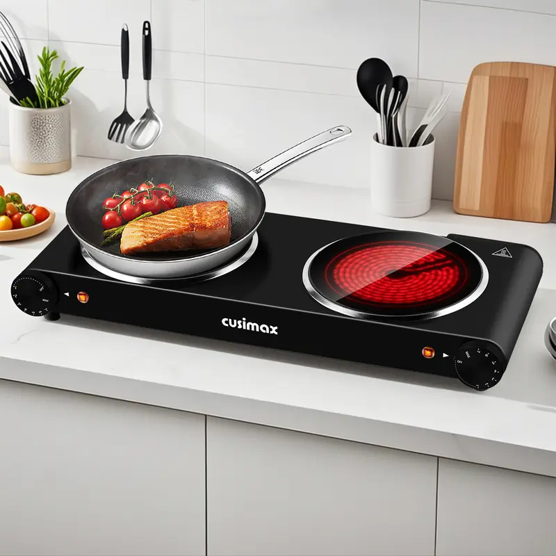 Parrilla eléctrica infrarroja de 3 quemadores y 1800 W, con superficie de vidrio cerámico, 11 niveles de temperatura y apagado automático.