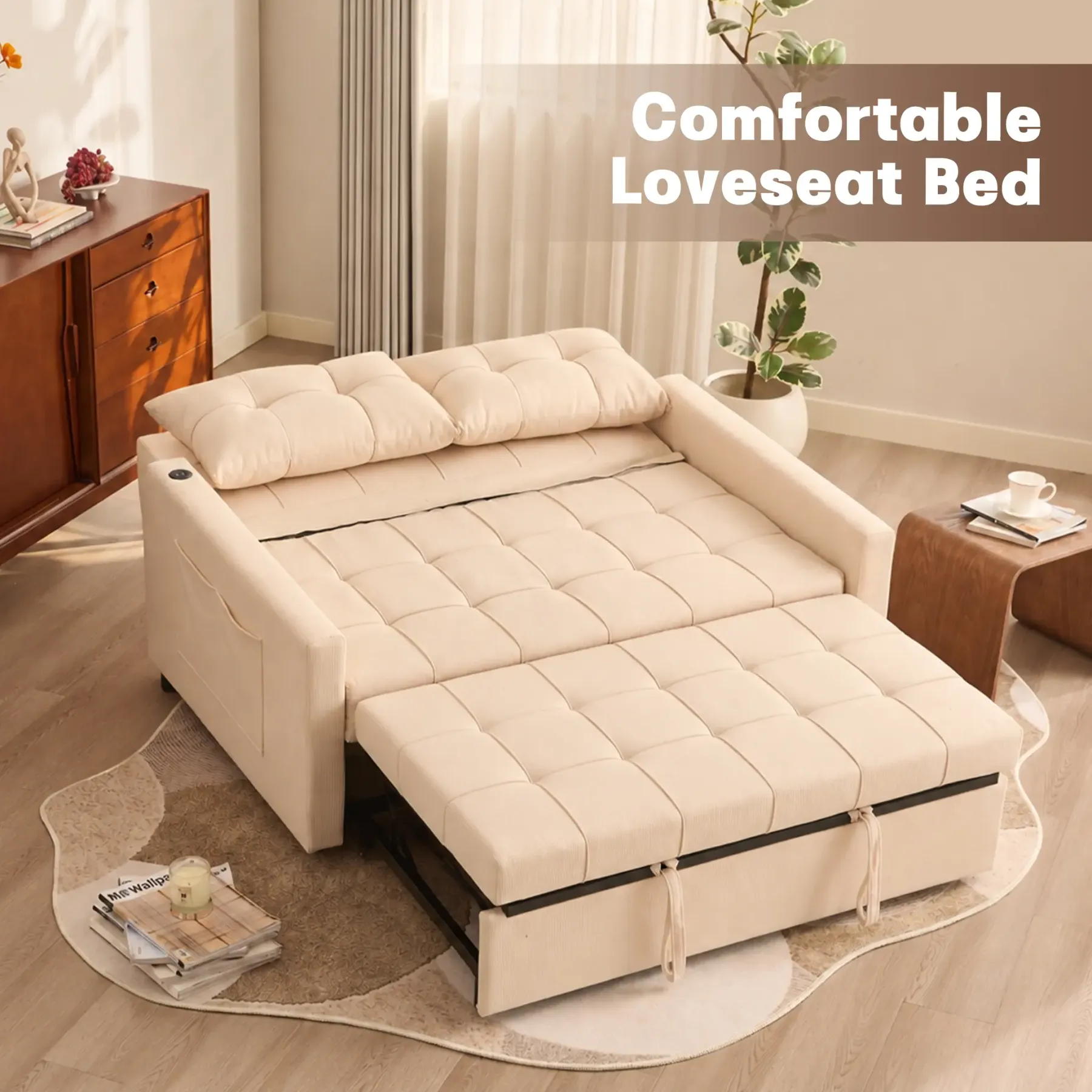 Sofá cama de 52" con cama extraíble, sofá, sofá cama convertible 3 en 1, sofá de dos plazas con respaldo ajustable sin escalones y bolsillo lateral, para sala de estar, dormitorio, apartamento, cama de día, sofás para sala