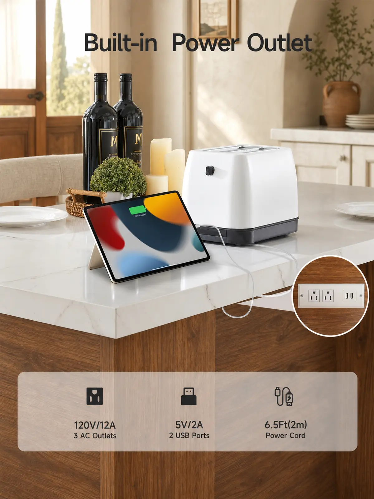 Isla de cocina de 61x31 pulgadas con luces LED y enchufes