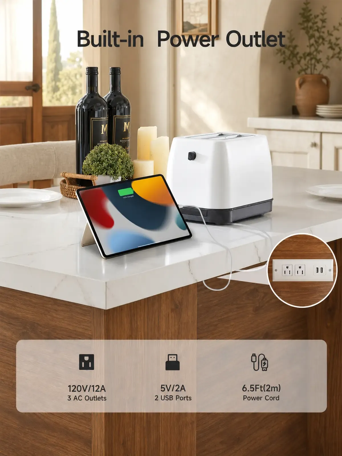Isla de cocina de 61x31 pulgadas con luces LED y enchufes