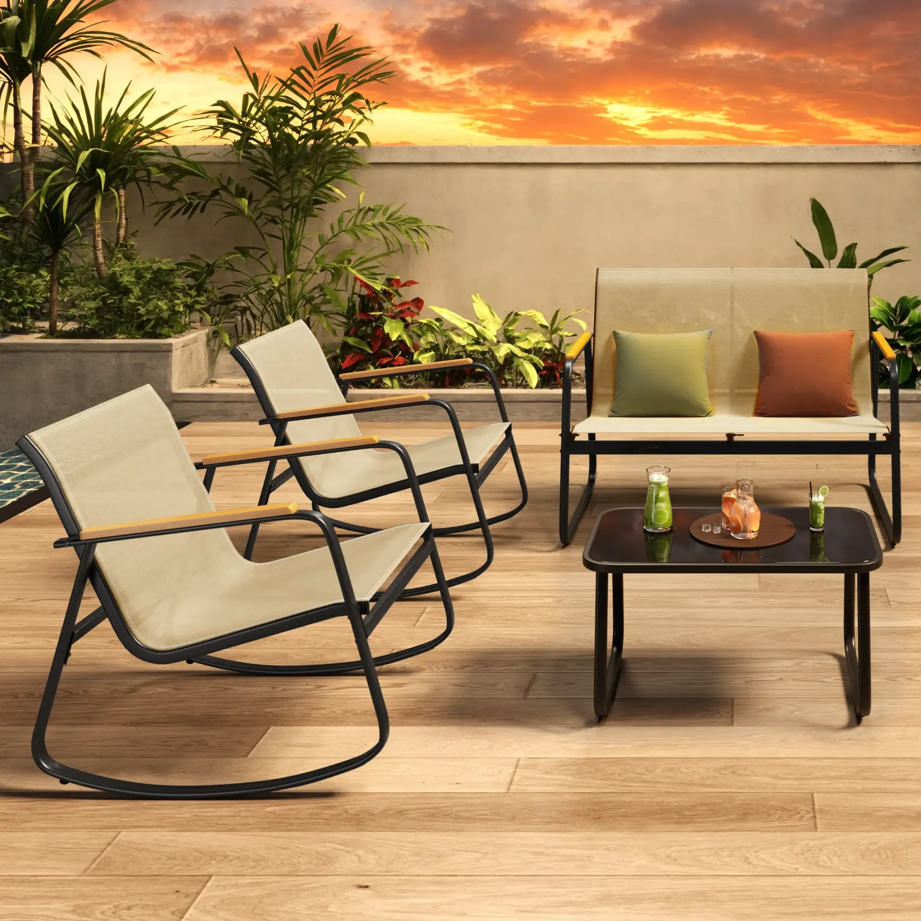 Juego de muebles de patio modernos de 4 piezas, resistente conjunto para zona de conversación: resistente a la intemperie, estable y con reposabrazos de madera; incluye 2 mecedoras y mesa de centro para patio o balcón.