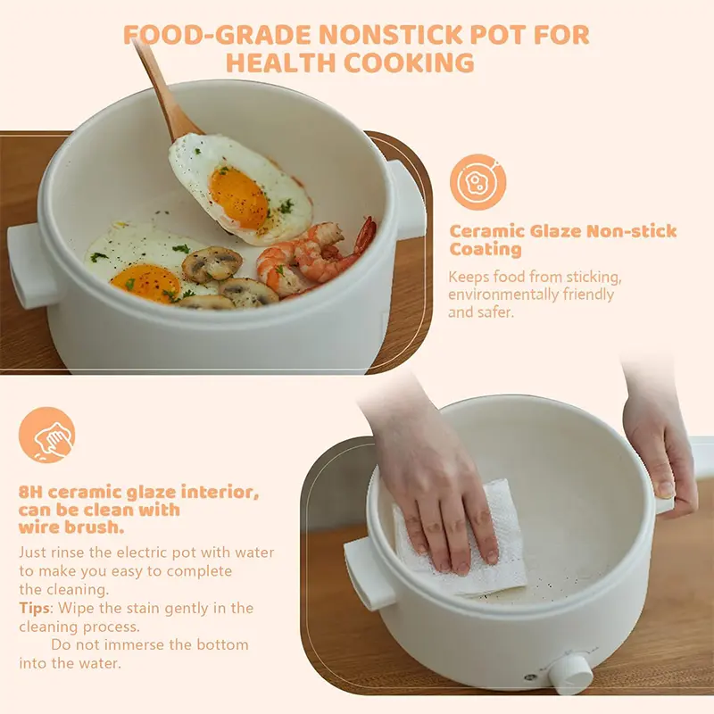 Olla eléctrica portátil de 2 L con revestimiento cerámico antiadherente, multifuncional, calentamiento rápido y protección contra sobrecalentamiento, ideal para ramen, pasta y fondue.