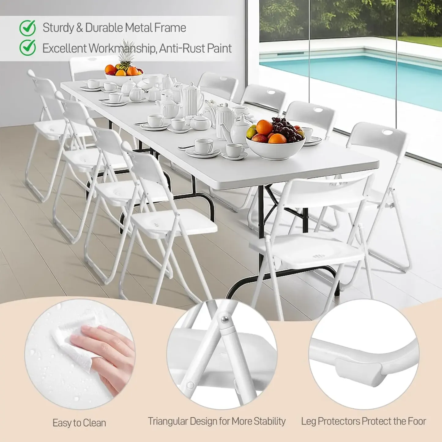 Juego de 10 sillas plegables de plástico ligero (capacidad de 300 libras) con estructura metálica reforzada; fáciles de plegar y almacenar, aptas para uso en interiores y exteriores (bodas, fiestas, salas de reuniones, patios y jardines). Disponibles en s