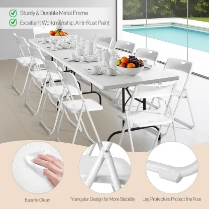 Juego de 10 sillas plegables de plástico ligero (capacidad de 300 libras) con estructura metálica reforzada; fáciles de plegar y almacenar, aptas para uso en interiores y exteriores (bodas, fiestas, salas de reuniones, patios y jardines). Disponibles en s