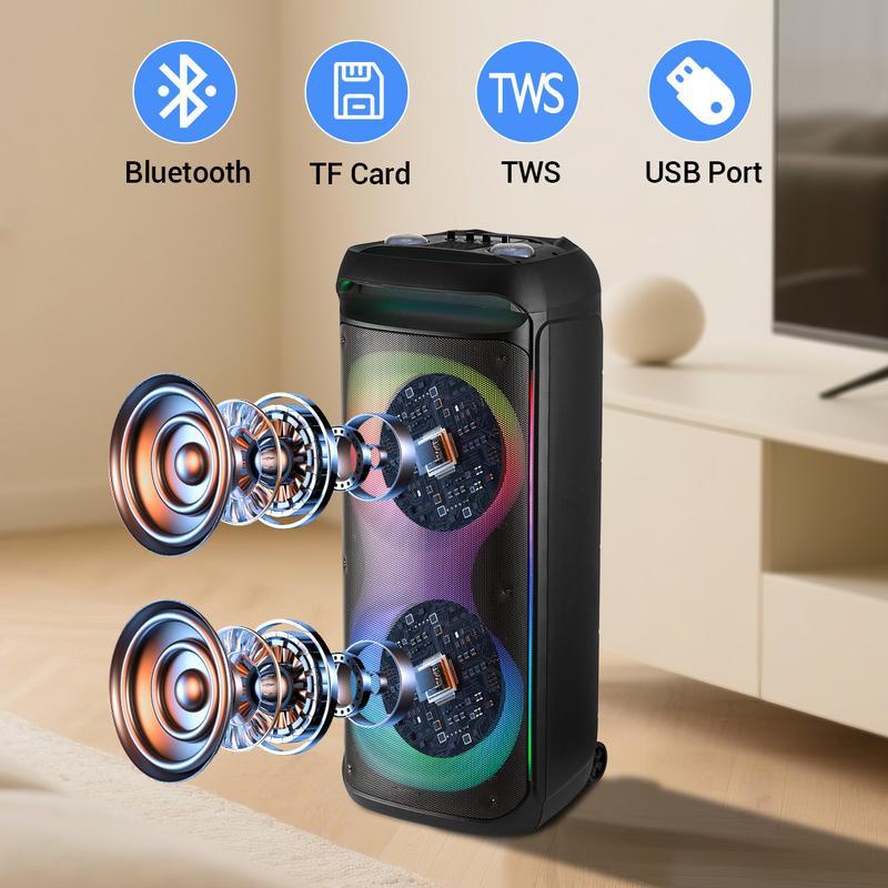 Altavoz PA Bluetooth Recargable — Doble Woofer de 12" + Tweeter de 1.5" — Caja de Sonido Portátil e Inalámbrica — Incluye 2 Micrófonos, Control Remoto y Luces LED para Fiestas