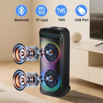 Altavoz PA Bluetooth Recargable — Doble Woofer de 12" + Tweeter de 1.5" — Caja de Sonido Portátil e Inalámbrica — Incluye 2 Micrófonos, Control Remoto y Luces LED para Fiestas