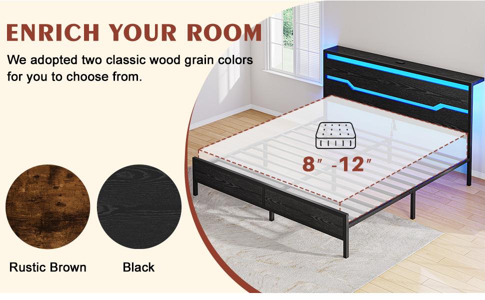 Raybee LED Bed Frame for Queen King Full with Headboard & Storage Shelf, No Mattress, Modern Industrial Wood Platform Bed Frame with Built-In Charging Station, No Noise, Capacity 900LBS with Metal Slats for Bedroom, First Apartment, Teens, Dorms