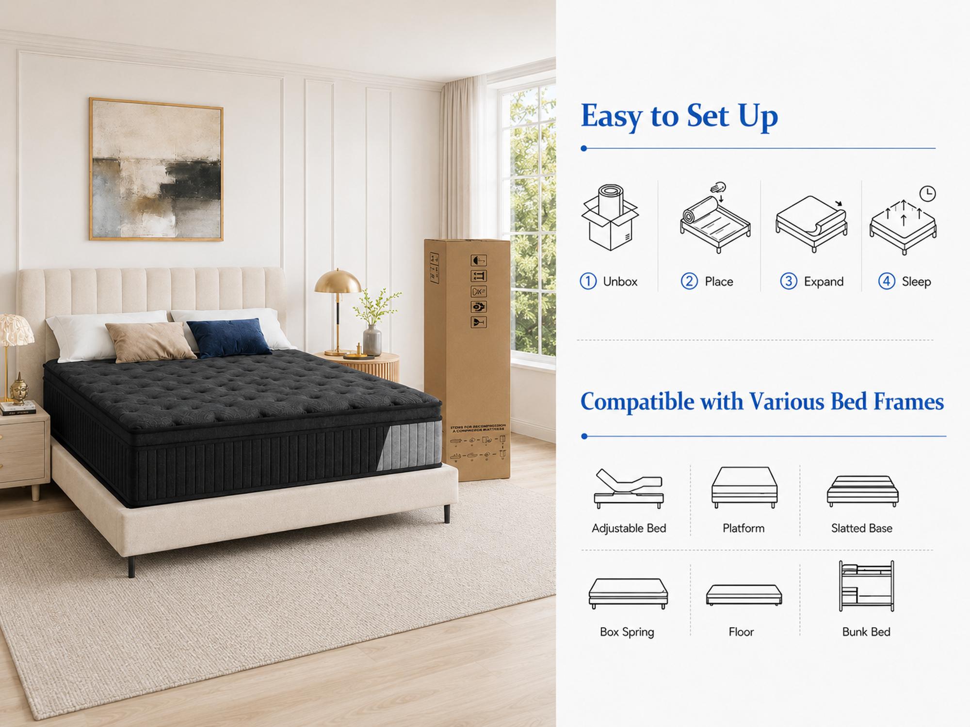 10/12/14 Inch Twin/Full//Queen/King , Fiberglass-Free Hybrid Mattress in a Box (Queen Size), Memory Foam & Pocket Spring, Pressure Relief, Motion Isolation, Zoned Back Support, Breathable Knit Cover, Soft Comfortable Black Mattress, Queen Size mattress
