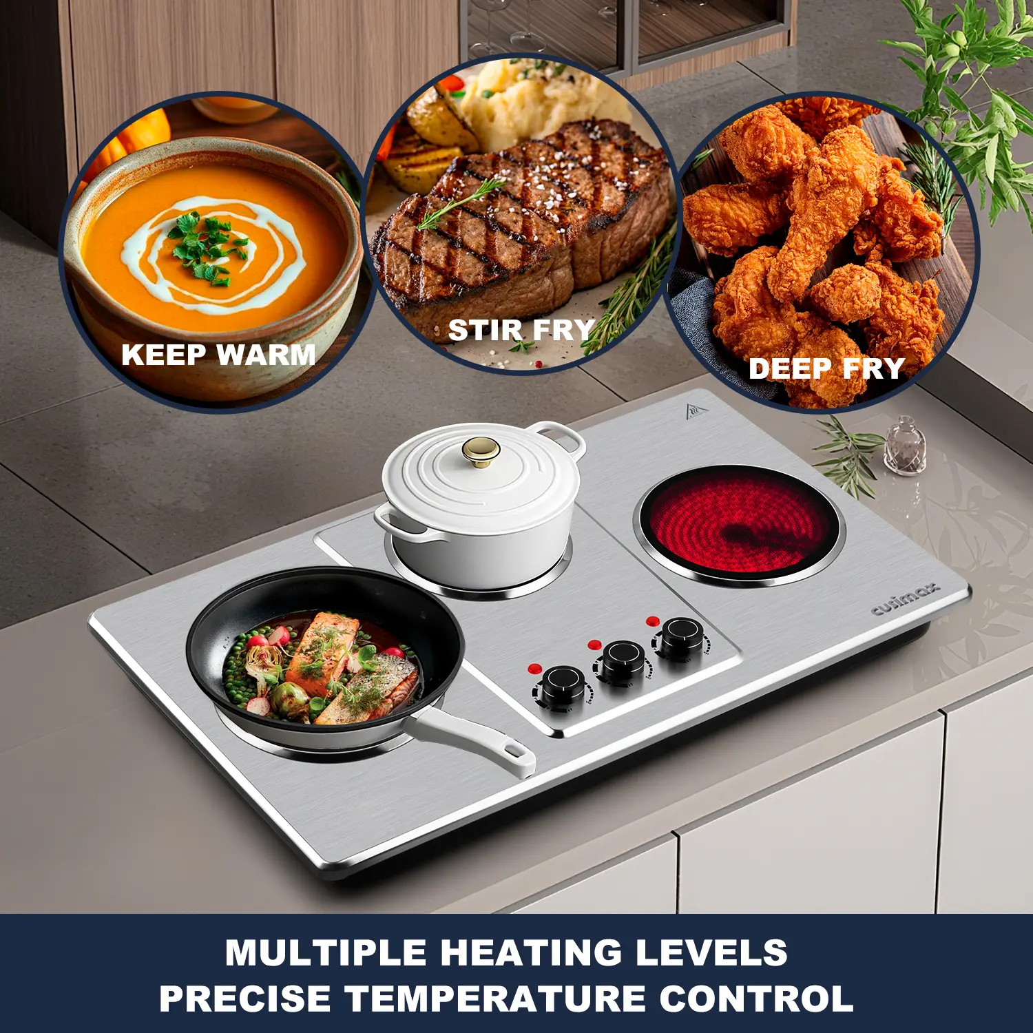 Parrilla eléctrica infrarroja de 3 quemadores y 1800 W, con superficie de vidrio cerámico, 11 niveles de temperatura y apagado automático.